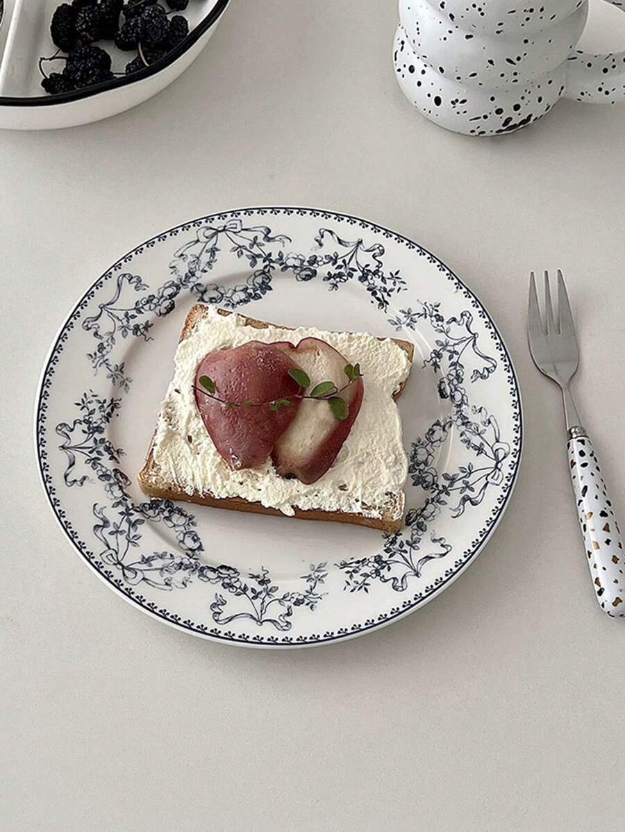 美式复古清新蓝色仿古陶瓷甜品圆形家用牛排餐盘玫瑰精致早餐盘圣诞礼物 - 白色 - 查看 1