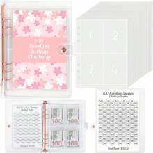1pc 100 Money Saving Challenge Loose-Leaf Book (52sheets 104page), Cherry Blossom Pattern, For Personal Planning 100 Days Saving $5, 050, Gift For Friends Family, Daily Use Back To School School Supplies - Pink - View 9