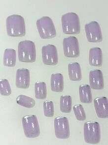Minimalism Purple French Temptation Style, Fresh, Fashionable, Elegant, Sparkling Pink Solid Color 24pcs Short Square-Shaped False Nails Set For Office Ladies, Daily Wear, Dating, And Tea Parties Press On Nails