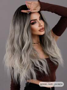 7JHH WIGS 渐变银白色假发 女士中分长卷发假发 混合棕色波浪合成假发 耐热纤维 柔软宽松服装假发 适合派对舞台表演 24 英寸 - 銀色 - 查看 4