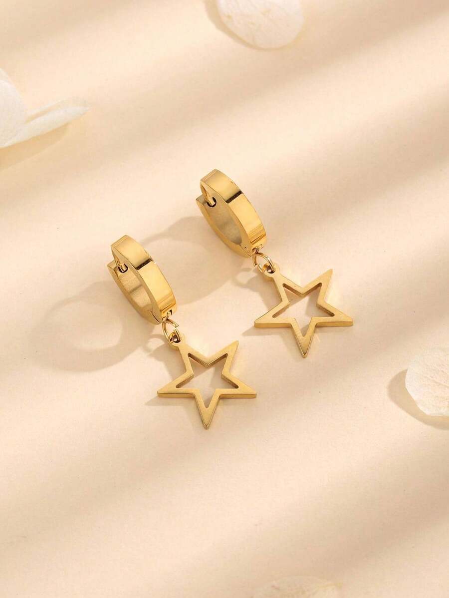 1 Pair Hollow Five-Pointed Star Pendant Earrings, Stainless Steel Earrings Suitable For Daily Wear - Gold 2 - View 1
