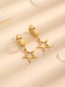 1 Pair Hollow Five-Pointed Star Pendant Earrings, Stainless Steel Earrings Suitable For Daily Wear - Gold 2 - View 5
