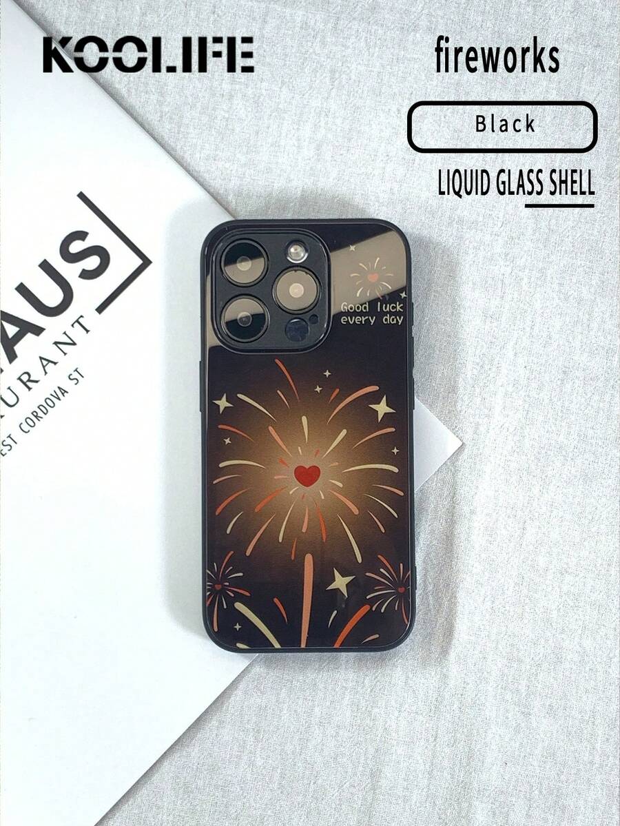 1入組玻璃+液態矽膠全身手機殼，煙火玻璃圖案防震保護殼，適用於iPhone 12/13/14/15 Pro Max及其他型號 - BL0123#煙火黑色 - 查看 1