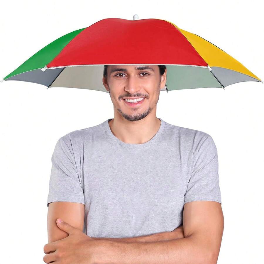 1 Peça boné guarda-chuva com faixa elástica para cabeça, boné guarda-chuva sem uso das mãos para homens, equipamento de camping - Multicolorido - Visão 1