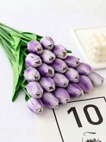 10/6pcs Artificial White And Purple Tulip Flowers