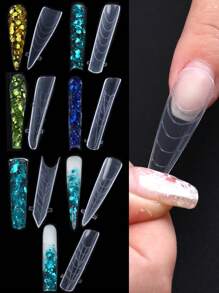 Boxed 120pcs Transparent Nail Extension Dual Mold  Artificial Nail Form Almond Square Pointed Coffin Full Cover Nail Prolong Mold With Scale Manicure Tools For DIY Salon Nail Extension