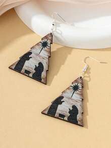 1對具有人物和信仰設計的創意風格木質耳環,個性化三角形和樹形,適用於女性,波西米亞風派對禮物 - 彩色 - 查看 6