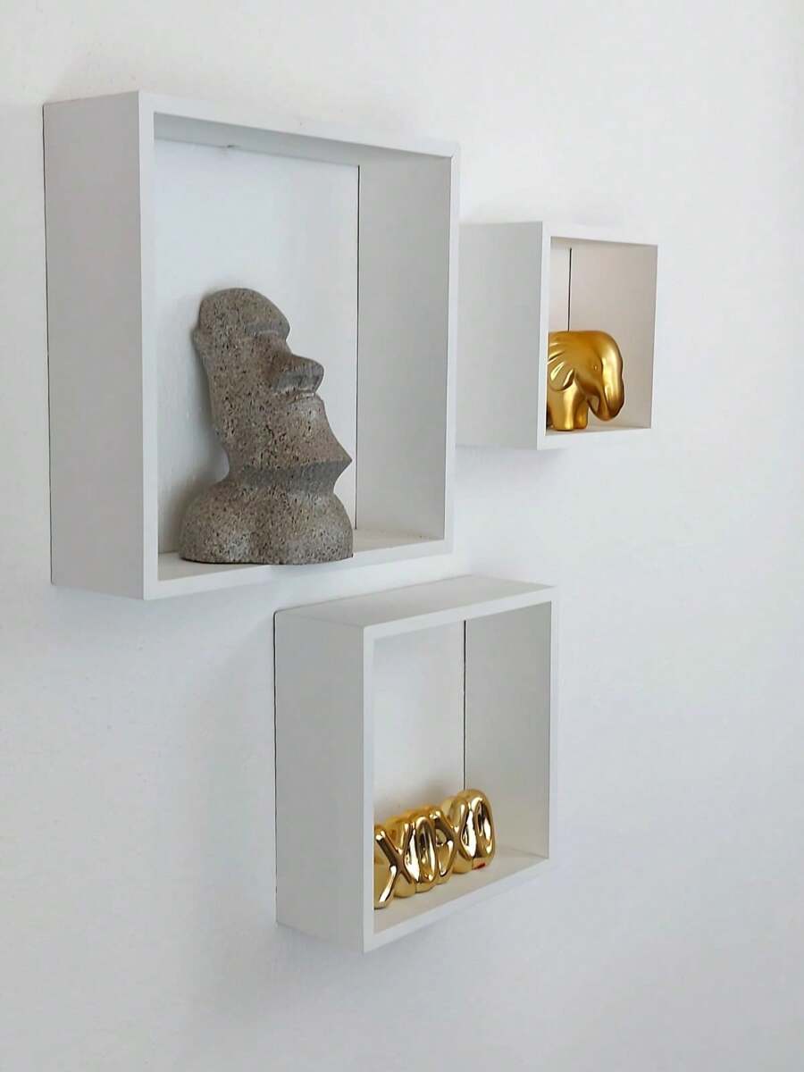 Repisas Cubo Cuadrado Flotantes Minimalistas Modernas Juego kit set 3 Negro Blanco Chocolate 25,20 y 15cm - Blanco - Ver 1