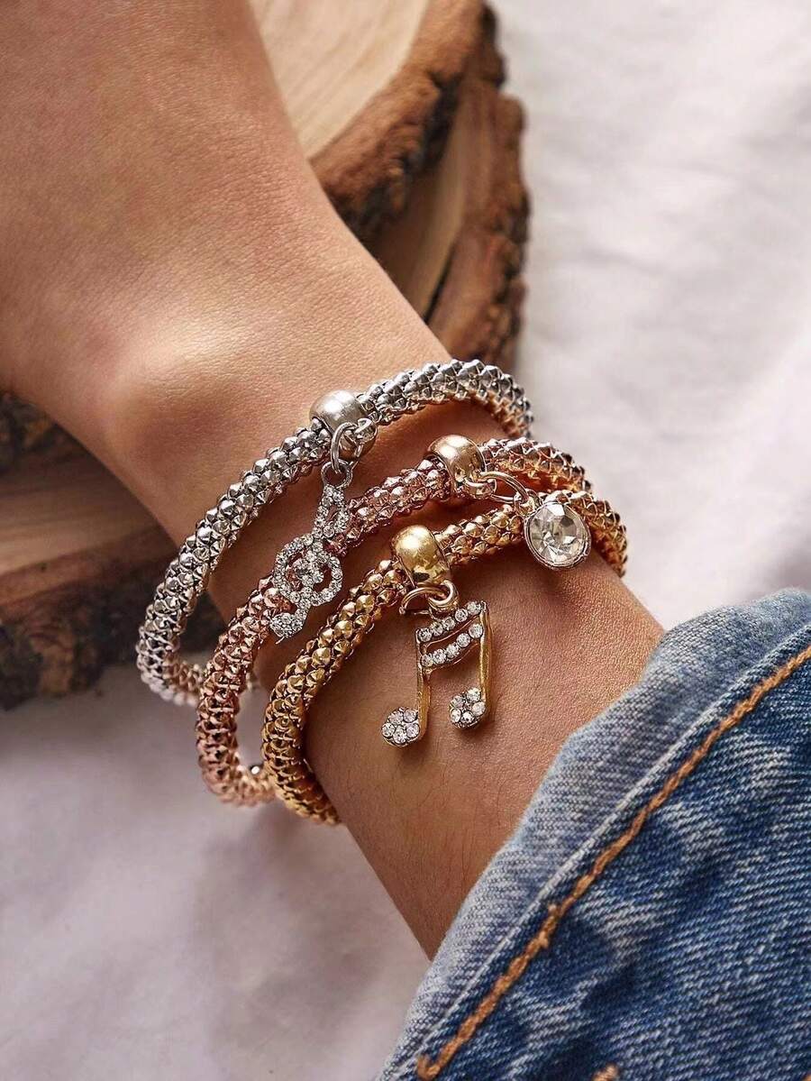 3pcs Elastic Bracelet Set With Creative Musical Note Pendant, Suitable For Music Festival - Multicolor - View 1