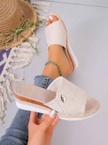 女式垫跟拖鞋,开口厚底防滑拖鞋,女式亚麻编织拖鞋 - 米色 - 查看 3