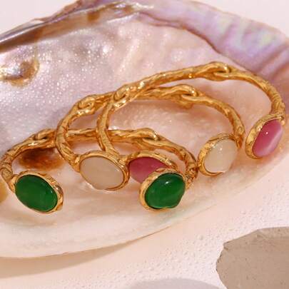 S SHOPBOHO 1pc Vintage Anti Tarnish Watrproof 18ct Gold Plated Titanium Steel Cuff Natural Agate Jade Bangle For Women