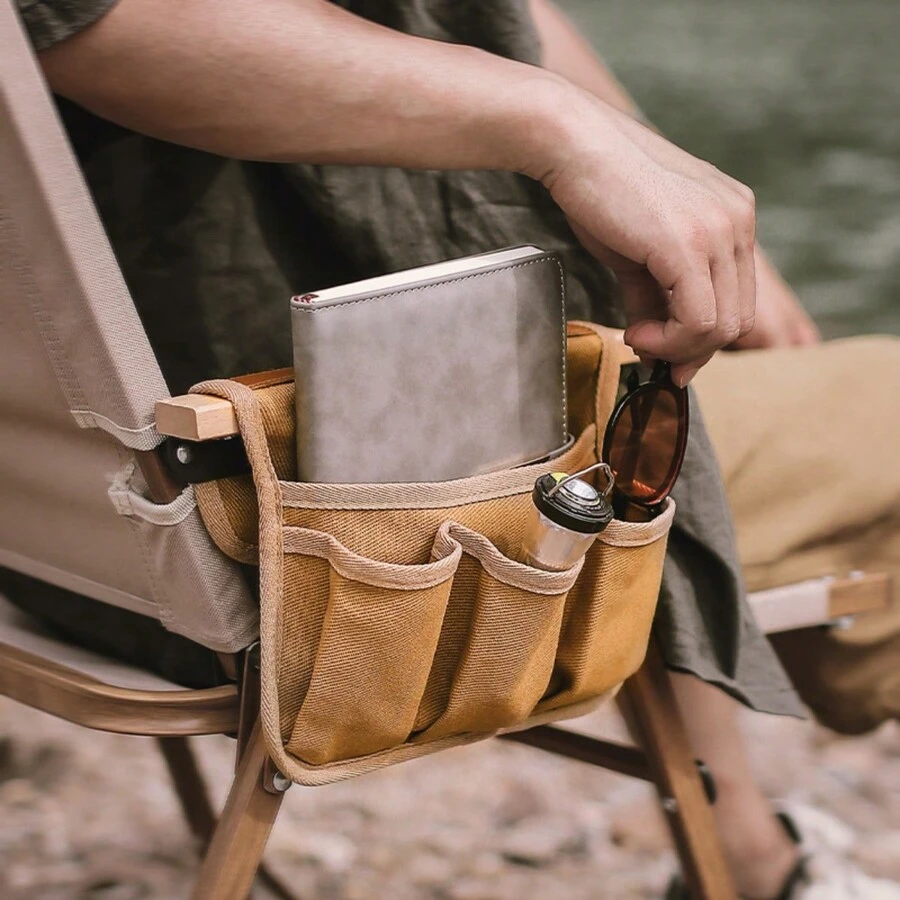 1pc Outdoor Chair Armrest Hanging Bag Canvas Storage Bag, Waterproof And Wear-Resistant Multifunctional Portable Dual-Layer Storage Bag - Khaki - View 1