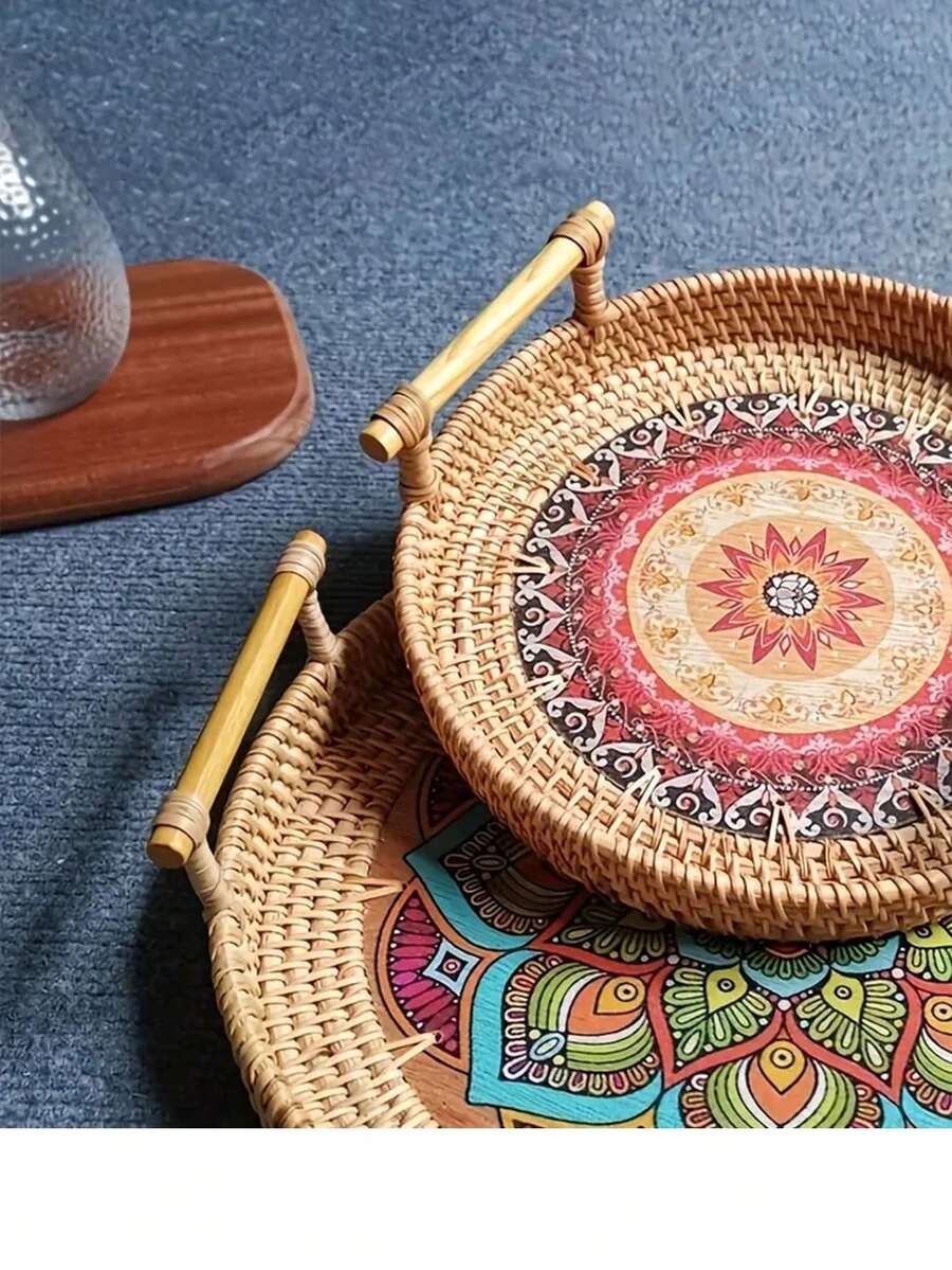 1個藤製托盤,雙層手編柳籃,竹編托盤適用於辦公桌、美容院裝飾、晚宴聚會、隔熱墊,是家庭廚房用品的完美選擇 - 彩色 - 查看 1