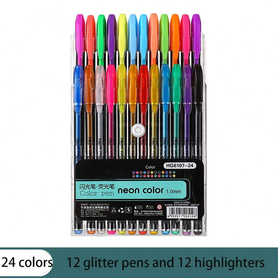 24pcs/Set Glitter Sketch Drawing Color Pen Markers Gel Pens Set Refill Rollerball Pastel Neon Marker Office School Stationery - Royal Blue - View 1
