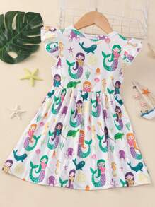 Young Girl Cartoon Mermaid Print Ruffle Armhole Dress - White - View 2