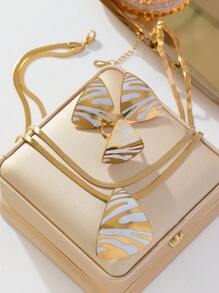 3入組流行不鏽鋼雙層鏈,扁平鏈,圓形,三角形和豹紋設計的項鍊,耳環和戒指,適合女性日常穿著,約會和禮物