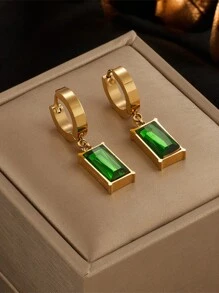 3pcs/Set Stainless Steel Vintage Style Emerald Green Jewellery Set With Unique Design, Suitable For Party, Date And Daily Wear - Earrings - View 7