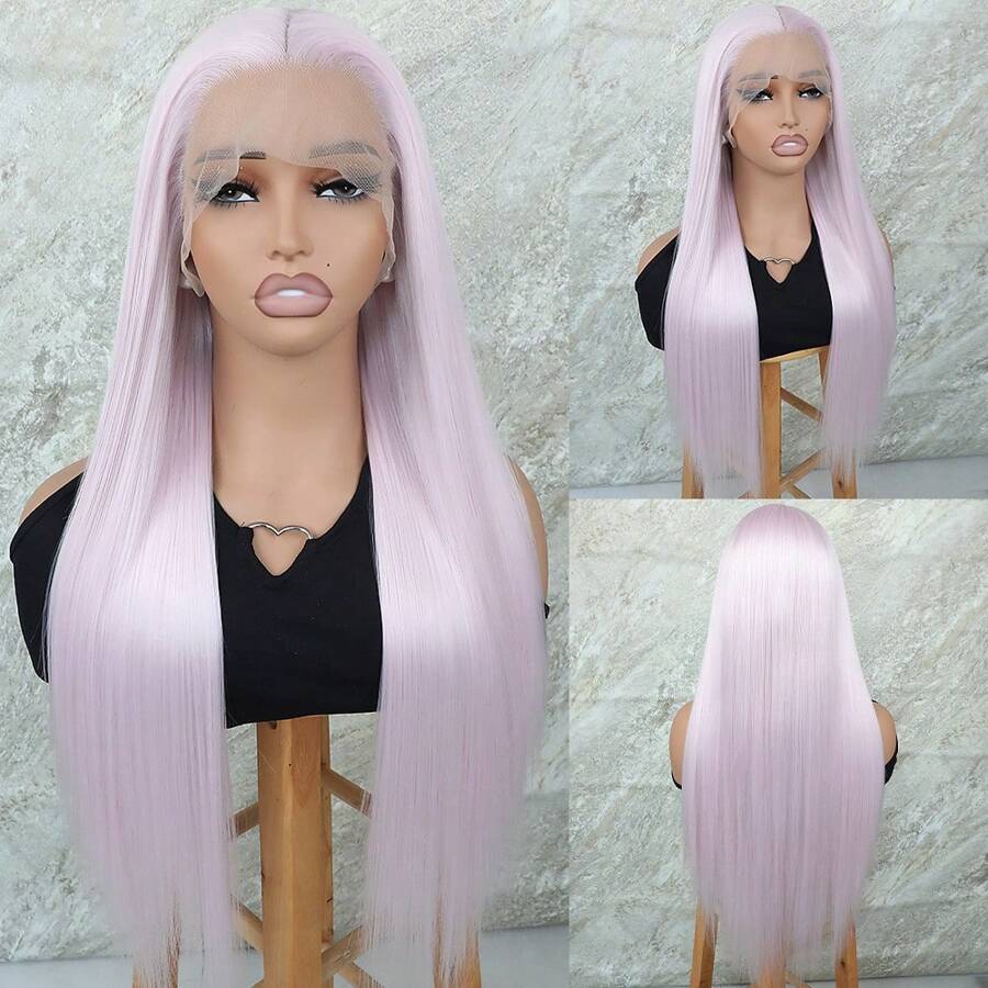 Ice Pink Color Lace Front Wigs Synthetic 13x4 Long Silky Straight Hair Heat Resistant Fiber Glueless Frontal Lace Replacement Wig Pre Plucked With Baby Hair Natural Hairline 26 Inches HD Transparent Lace Free Part For Fashion Women Girls Party Vacation Makeup Use Daily Wear - Màu Hồng baby - Xem 1