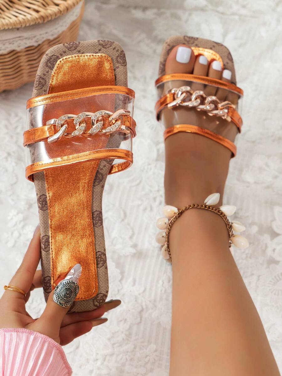 2024 New Arrival Women's Flat Round Toe Slipper, Transparent Band With Rhinestone Chain Design - Orange - View 1