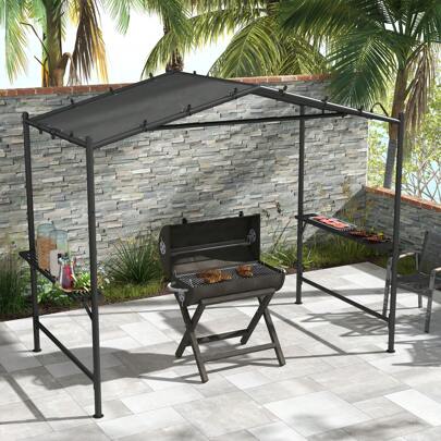 Outsunny Grillpavillon, ca. 3 x 1,5m Grillüberdachung Wetterfester BBQ Gartenpavillon mit 2 Seitenablagen, für Garten, Balkon, Stahl, Dunkelgrau