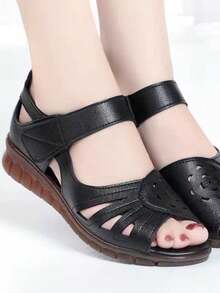 2024年夏季中老年女士休閒平底防滑的老太鞋,牛皮柔軟底部 - 黑色 - 查看 4