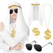4入組迪拜阿拉伯服裝配件萬聖節迪拜帽子圍巾美元符號鏈墨鏡戒指說唱歌手頭巾白色阿拉伯風托巾,適合80年代90年代嘻哈男性角色扮演 - 彩色 - 查看 1