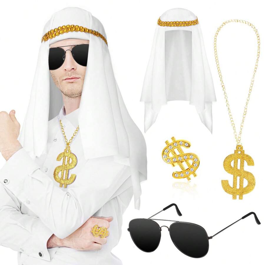 4入組迪拜阿拉伯服裝配件萬聖節迪拜帽子圍巾美元符號鏈墨鏡戒指說唱歌手頭巾白色阿拉伯風托巾,適合80年代90年代嘻哈男性角色扮演 - 彩色 - 查看 1