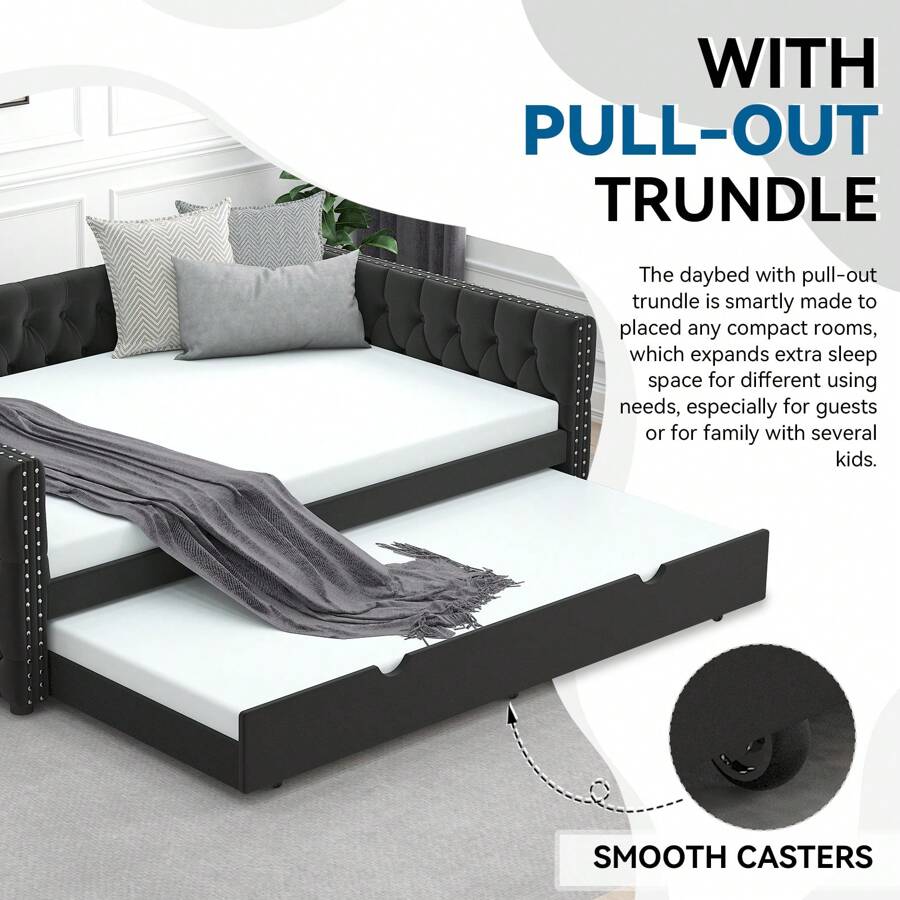 Velvet Full Daybed With Twin Trundle, Modern Upholstered Full Size Day