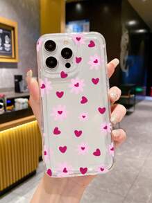 1入組花朵和心形圖案清晰防震氣囊手機殼，大開孔設計，適用於iPhone - 彩色 - 查看 3