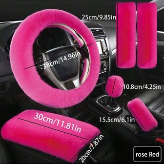 Winter Rabbit Plush Car Steering Wheel Cover Elastic Handle Cover Hand Brake Gear 6 Pieces Set Car Accessories Interior