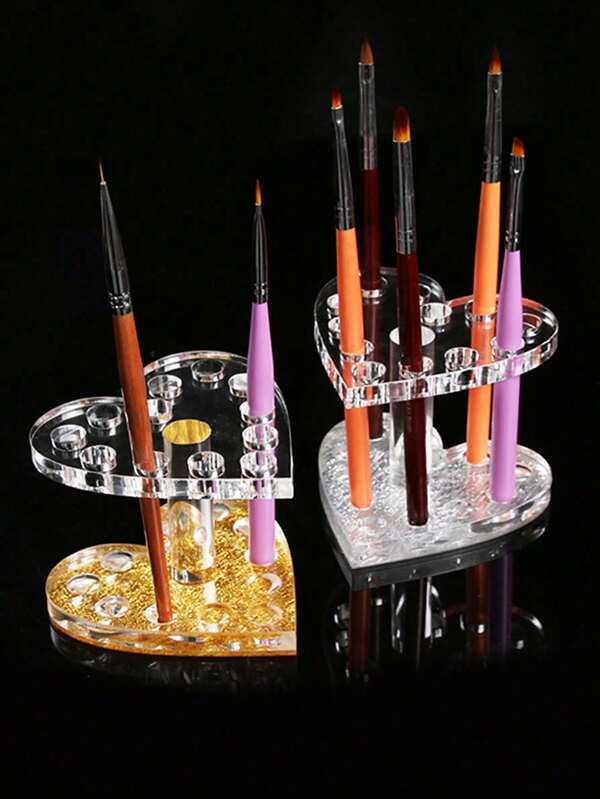 1pc Acrylic Nail Art Tool Pen Holder, Heart Shaped, Round Shaped, 12 Holes, Led Light Therapy Crystal Pen Organizer, For Makeup Eyebrow Pencil, Eye Liner Storage Rack