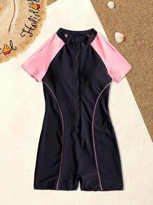 撞色前拉鍊競技連身泳裝