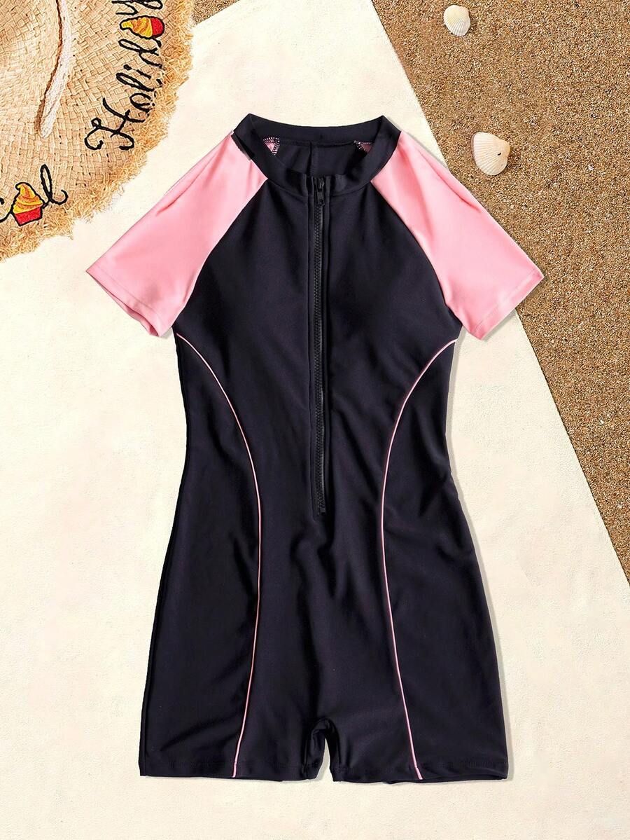 撞色前拉鍊競技連身泳裝