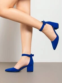 Women Pointed Toe Low Chunky Heels Pumps Ankle Strap Elegant Versatile Simple Shoes - Royal Blue - View 4