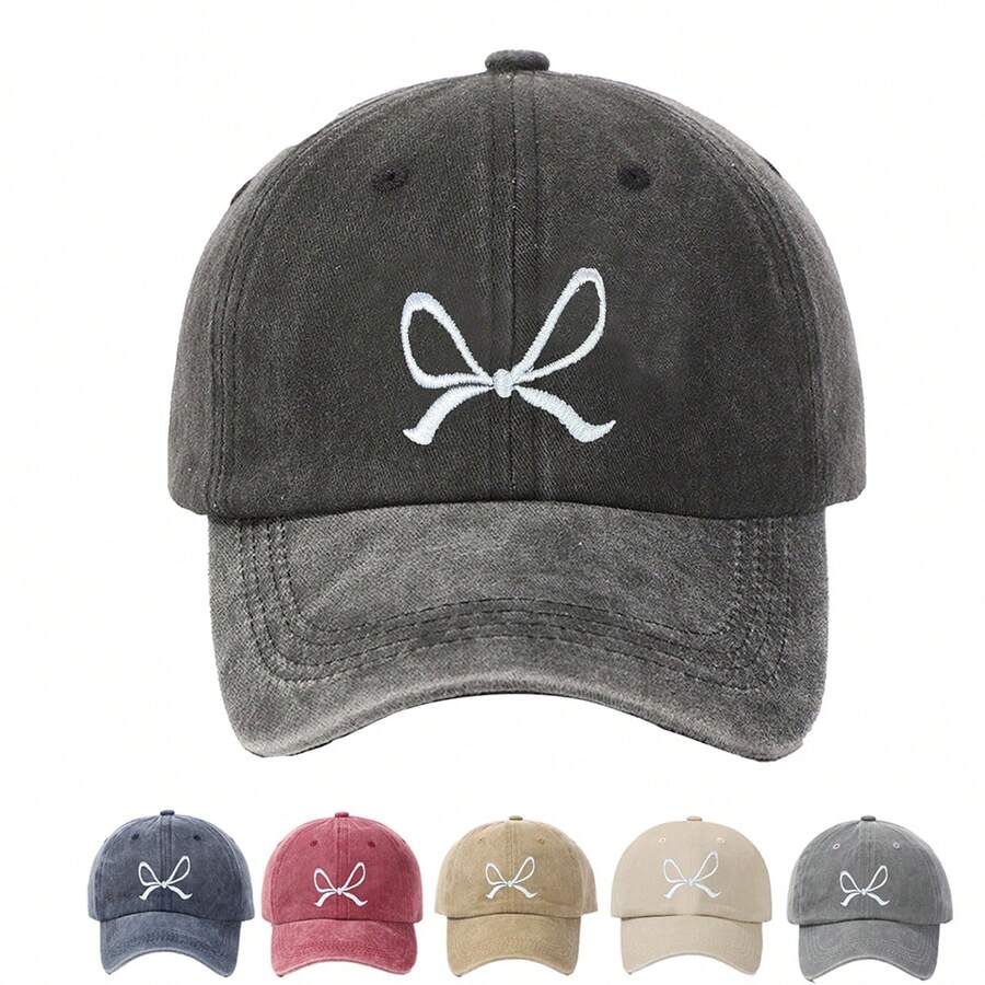 1pc Ladies' Embroidered Bowknot Design Distressed Washed Baseball Cap, Perfect For Spring/Summer Sun Protection And Daily Wear Cute - Multicolor - View 1