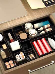 1pc/5pcs/10pcs Exquisite Clear Desktop Cosmetic Storage Box, For Girls, Eyeshadow, Makeup Brush, Lipstick Organizer Shelf, Dressing Table Drawer Divider, Free Combination Sorting Box,For Holiday Beach, Bathroom Collection, Bedroom Collection, Large Capacity - Black - View 10