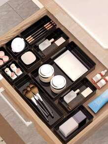 1pc/5pcs/10pcs Exquisite Clear Desktop Cosmetic Storage Box, For Girls, Eyeshadow, Makeup Brush, Lipstick Organizer Shelf, Dressing Table Drawer Divider, Free Combination Sorting Box,For Holiday Beach, Bathroom Collection, Bedroom Collection, Large Capacity - Black - View 7