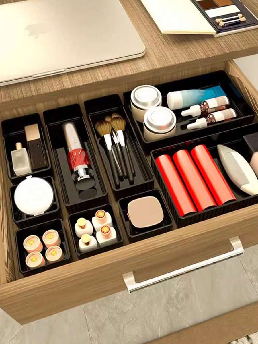 1pc/5pcs/10pcs Exquisite Clear Desktop Cosmetic Storage Box, For Girls, Eyeshadow, Makeup Brush, Lipstick Organizer Shelf, Dressing Table Drawer Divider, Free Combination Sorting Box,For Holiday Beach, Bathroom Collection, Bedroom Collection, Large Capacity - Black - View 1