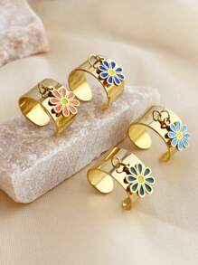 1pc Summer Style Flower Pendant Ring, Stainless Steel 18k Gold-Plated Open Ring For Women, Fashionable High-End Party Accessories Gift
