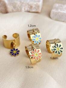 1pc Summer Style Flower Pendant Ring, Stainless Steel 18k Gold-Plated Open Ring For Women, Fashionable High-End Party Accessories Gift