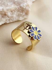 1pc Summer Style Flower Pendant Ring, Stainless Steel 18k Gold-Plated Open Ring For Women, Fashionable High-End Party Accessories Gift