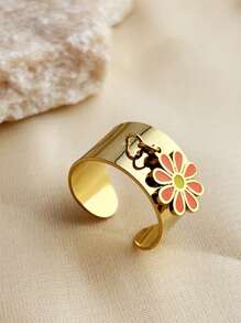 1pc Summer Style Flower Pendant Ring, Stainless Steel 18k Gold-Plated Open Ring For Women, Fashionable High-End Party Accessories Gift