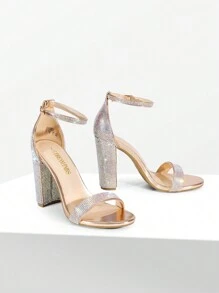 Women Elegant High Heel Sandals Chunky Block Dressy Pump Sandals Ankle Strap Open Toe Classic Heeled Sandals, For Casual And Formal Wear, For Party, Wedding, Prom Valentines - 玫瑰金-萊茵石 - 查看 8