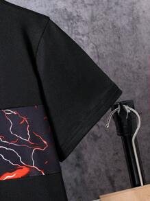 2 件套男童休闲扎染闪电印花拼布短袖 T 恤和闪电印花短裤套装，春夏