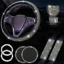 Bộ 8 phụ kiện xe hơi lấp lánh dành cho phụ nữ, Bộ trang trí vô lăng xe hơi, Vỏ bảng điều khiển trung tâm bằng đá Rhinestone, Vòng đánh lửa, Đế lót ly xe hơi - Nhiều màu - Xem 1