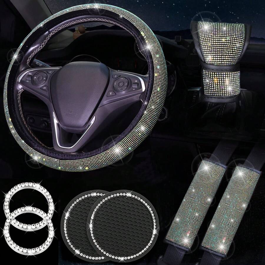 Bộ 8 phụ kiện xe hơi lấp lánh dành cho phụ nữ, Bộ trang trí vô lăng xe hơi, Vỏ bảng điều khiển trung tâm bằng đá Rhinestone, Vòng đánh lửa, Đế lót ly xe hơi - Nhiều màu - Xem 1