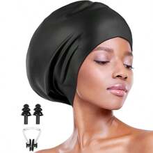 Swim Cap For Long Thick Hair,Comes With Nose Clip Earplugs, Silicone Swimming Caps For Dreadlocks, Braids, Weaves, Extensions, Curls & Afros, Adult Waterproof Swim Hats Bathing Caps For Women Men, Beach Essentials, Beach Accessories, Pool Float - Black - View 1