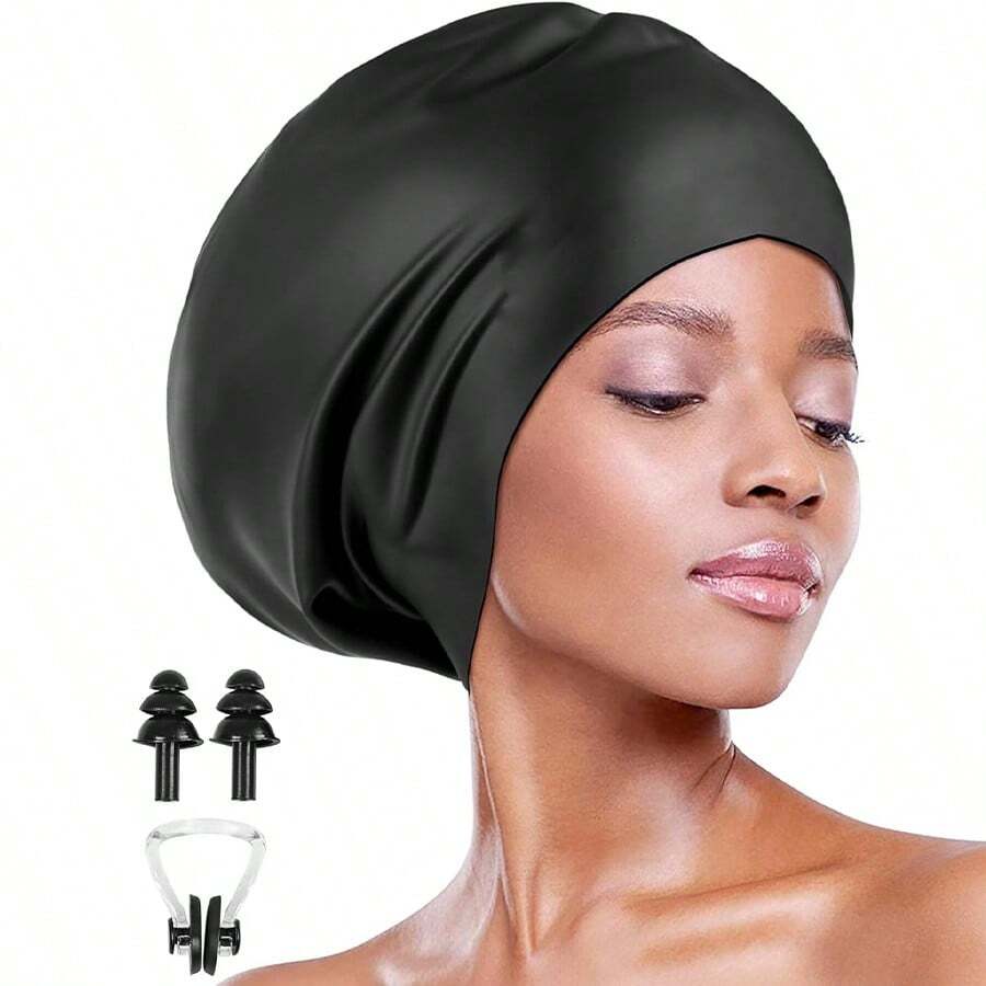 Swim Cap For Long Thick Hair,Comes With Nose Clip Earplugs, Silicone Swimming Caps For Dreadlocks, Braids, Weaves, Extensions, Curls & Afros, Adult Waterproof Swim Hats Bathing Caps For Women Men, Beach Essentials, Beach Accessories, Pool Float - Black - View 1