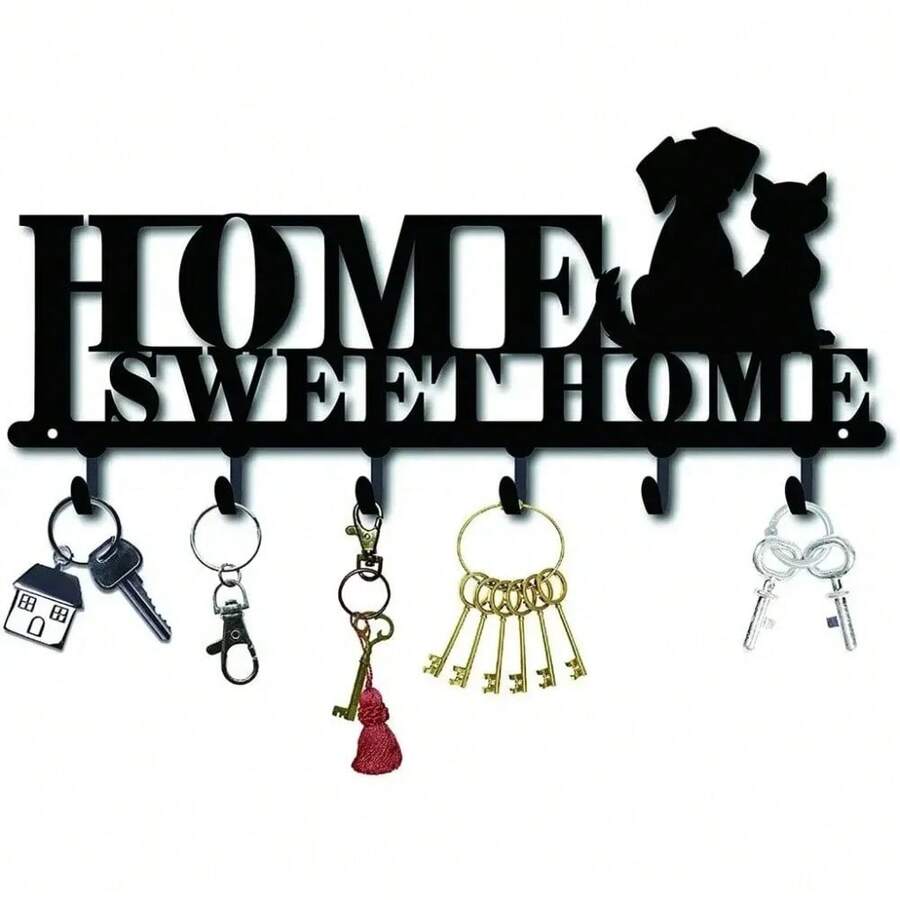 1pc Cat & Dog HOME Iron Key Holder Wall Mounted With Screws, Simple Black Key Storage Hook, Home Living Room Bedroom Decoration, Housewarming Gift - Black - View 1