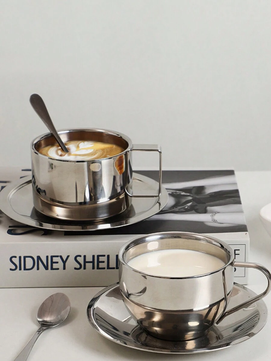 1set/2set Coffee Cup Saucer Set Retro Stainless Steel Coffee Cup Exquisite Posing Vlog Afternoon Tea Cup - 銀色 - 查看 1